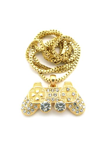 NYFASHION101 Iced Out Game Controller Micro Pendant w/ 24" Box Chain Necklace