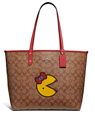 COACH Signature Miss Pacman Reversible City Tote Khaki/Multi/Washed Red