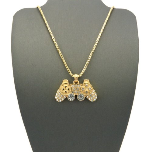 NYFASHION101 Iced Out Game Controller Micro Pendant w/ 24" Box Chain Necklace