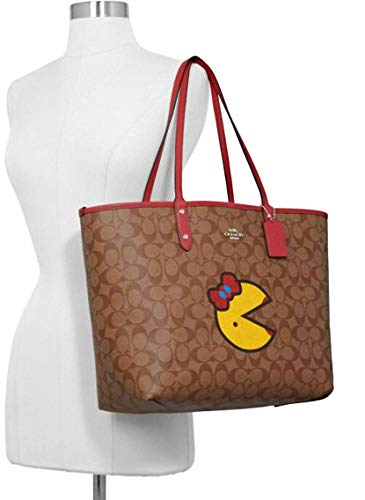 COACH Signature Miss Pacman Reversible City Tote Khaki/Multi/Washed Red