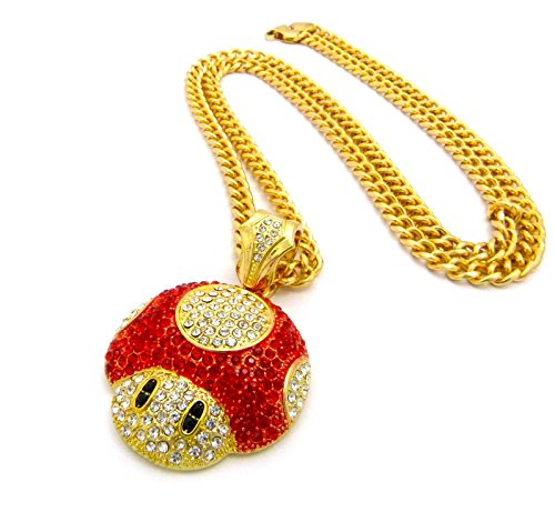 Bitter Sweet Store Mushroom Face Pendant Mens Iced Out Cuban Link 30" Chain Necklace