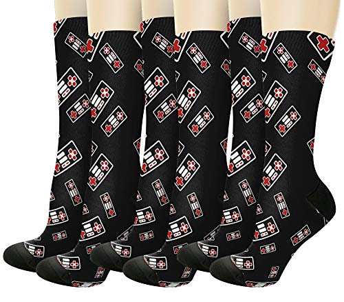 Retro Gamepad Socks: 8-Bit Gamer Girl Crew - 6 Pairs
