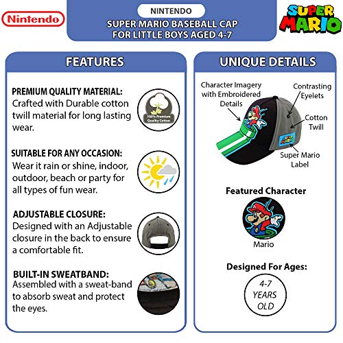 Nintendo Little Boys' Super Mario Character Baseball Cap, Black/Grey, Ages 4-7