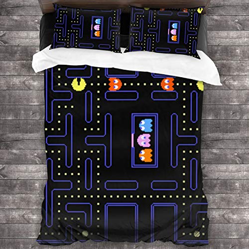 Lesliew Pacman Arcade Game Bedding, 3D Bedding Comforter Quilt Set Decorative 3 Piece Bedding Set with 2 Pillow Shams