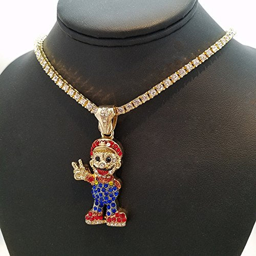 BLINGFACTORY Men's 14K Gold Plated Hip Hop Super Mario Pendant & 1 Row 18"