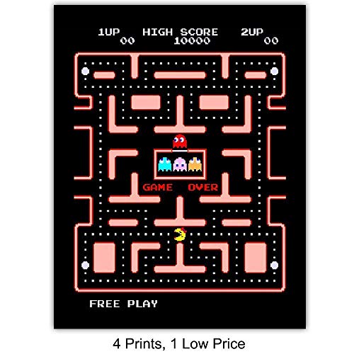 Classic Arcade Games Wall Art Decor Set - 8x10 Prints for Man Cave, Den