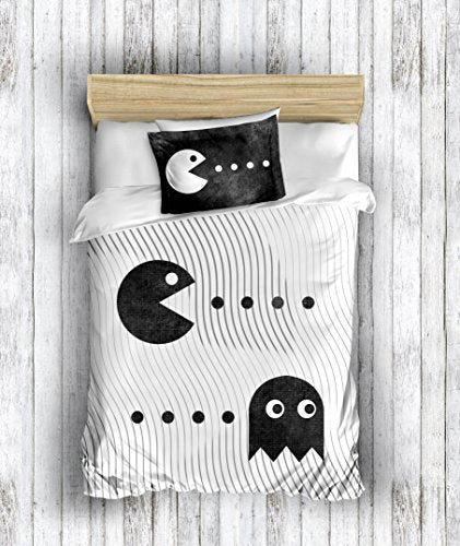 DecoMood 3D Printed 100% Cotton Pacman Bedding Set Boys Girls Bed Set, Single/Twin Size Quilt/Duvet Cover Set, Black White (2 Pcs)