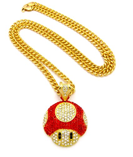 Bitter Sweet Store Mushroom Face Pendant Mens Iced Out Cuban Link 30" Chain Necklace