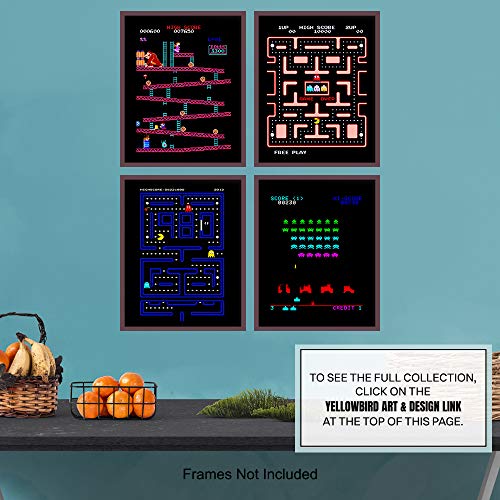 Classic Arcade Games Wall Art Decor Set - 8x10 Prints for Man Cave, Den