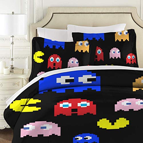 Lesliew Pacman Arcade Game Bedding, 3D Bedding Comforter Quilt Set Decorative 3 Piece Bedding Set with 2 Pillow Shams