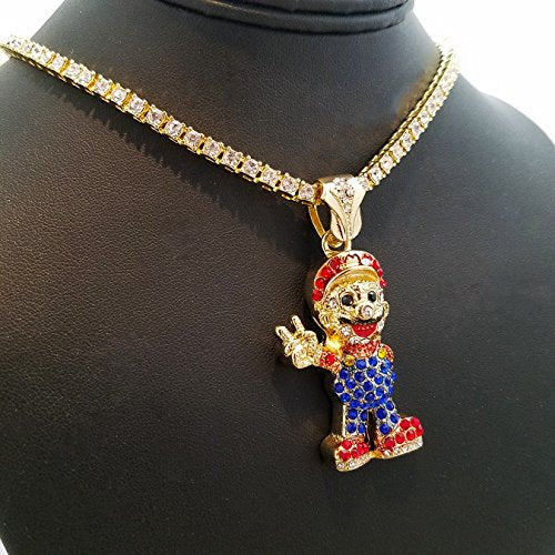 BLINGFACTORY Men's 14K Gold Plated Hip Hop Super Mario Pendant & 1 Row 18"
