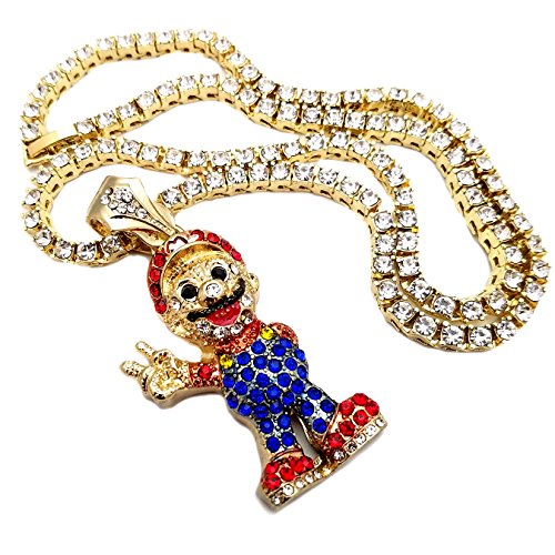 BLINGFACTORY Men's 14K Gold Plated Hip Hop Super Mario Pendant & 1 Row 18"