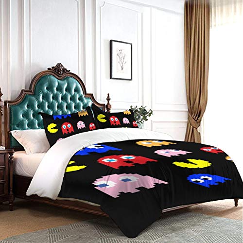 Lesliew Pacman Arcade Game Bedding, 3D Bedding Comforter Quilt Set Decorative 3 Piece Bedding Set with 2 Pillow Shams