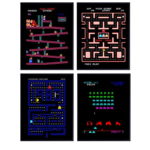 Classic Arcade Games Wall Art Decor Set - 8x10 Prints for Man Cave, Den