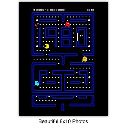 Classic Arcade Games Wall Art Decor Set - 8x10 Prints for Man Cave, Den