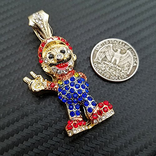 BLINGFACTORY Men's 14K Gold Plated Hip Hop Super Mario Pendant & 1 Row 18"
