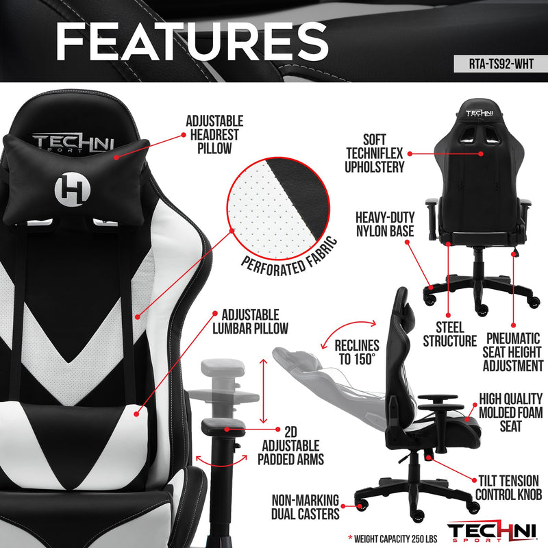 White & Black ProGamer2 Series Reclining Gaming Chair